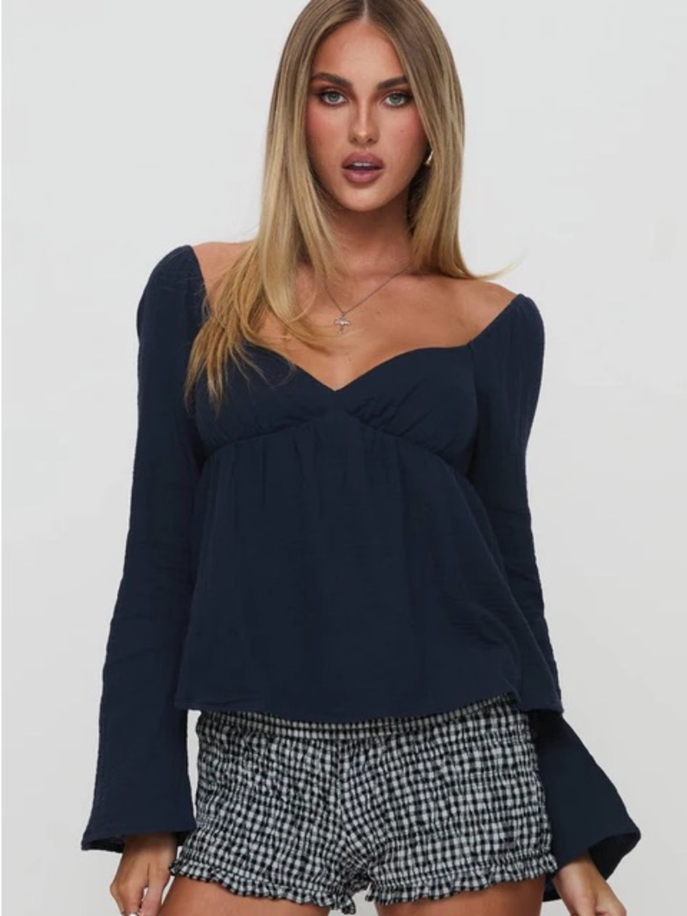 Princess Polly Navy Off-Shoulder Peplum Long Sleeve Top